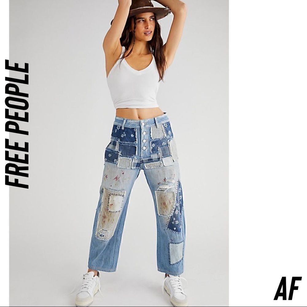 FREE PEOPLE AZALEA BLUE DAISY PATCHWORK JEANS NEW